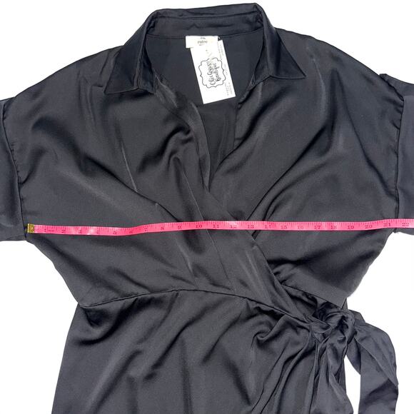 NWT Entro Black Satin Short Sleeve Collared Wrap Midi Dress Size Large - Picture 12 of 13